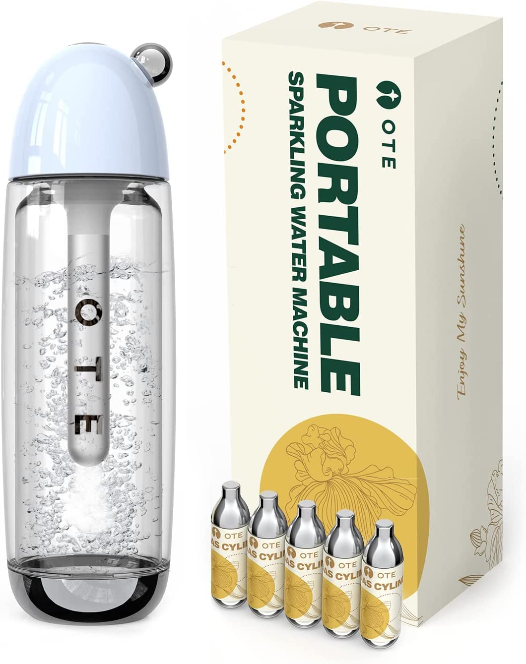 OTE 450ml Portable Sparkling Water Maker,Soda Maker Machine for Home, Carbonated Water Machine No Electricity, Double Layer PET Bottle, BPA Free (Include 20 PCS Gas Cylinder)
