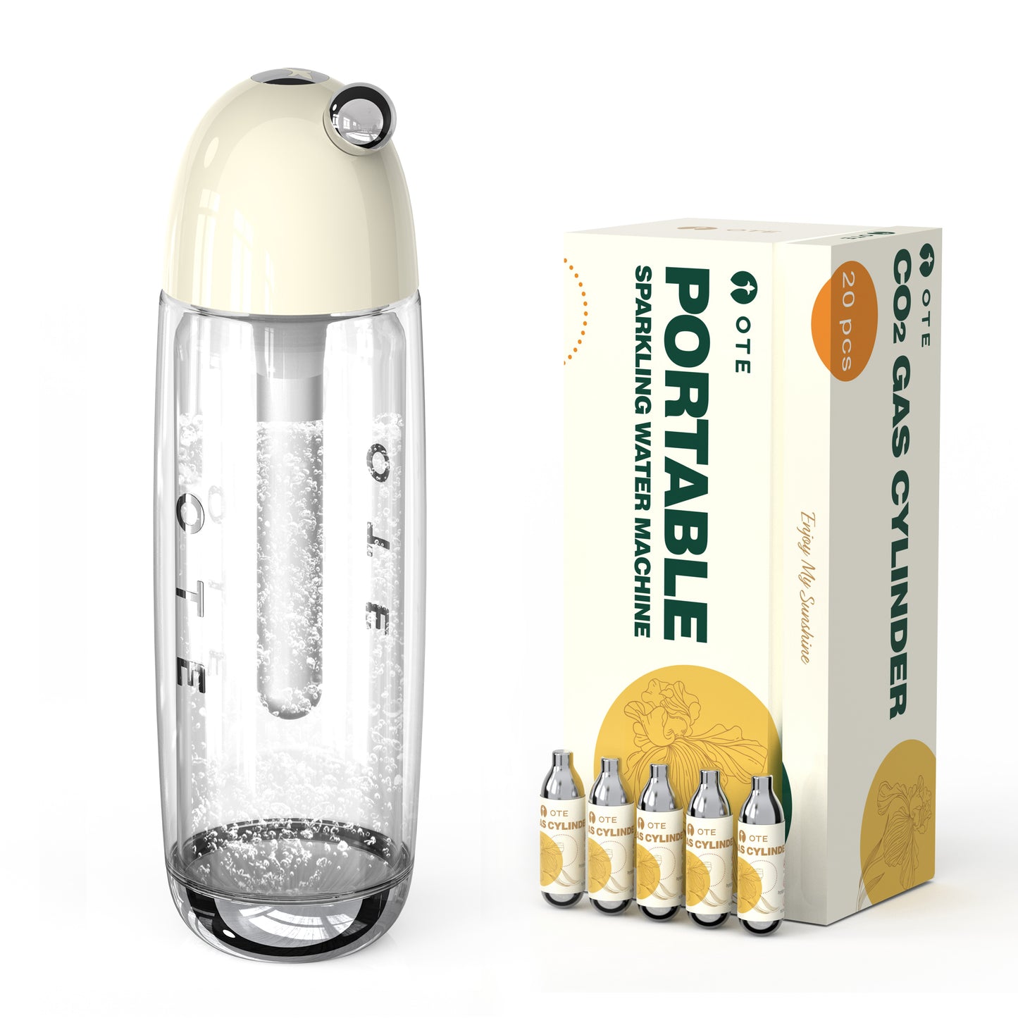 OTE 450ml Portable Sparkling Water Maker,Soda Maker Machine for Home, Carbonated Water Machine No Electricity, Double Layer PET Bottle, BPA Free (Include 20 PCS Gas Cylinder)