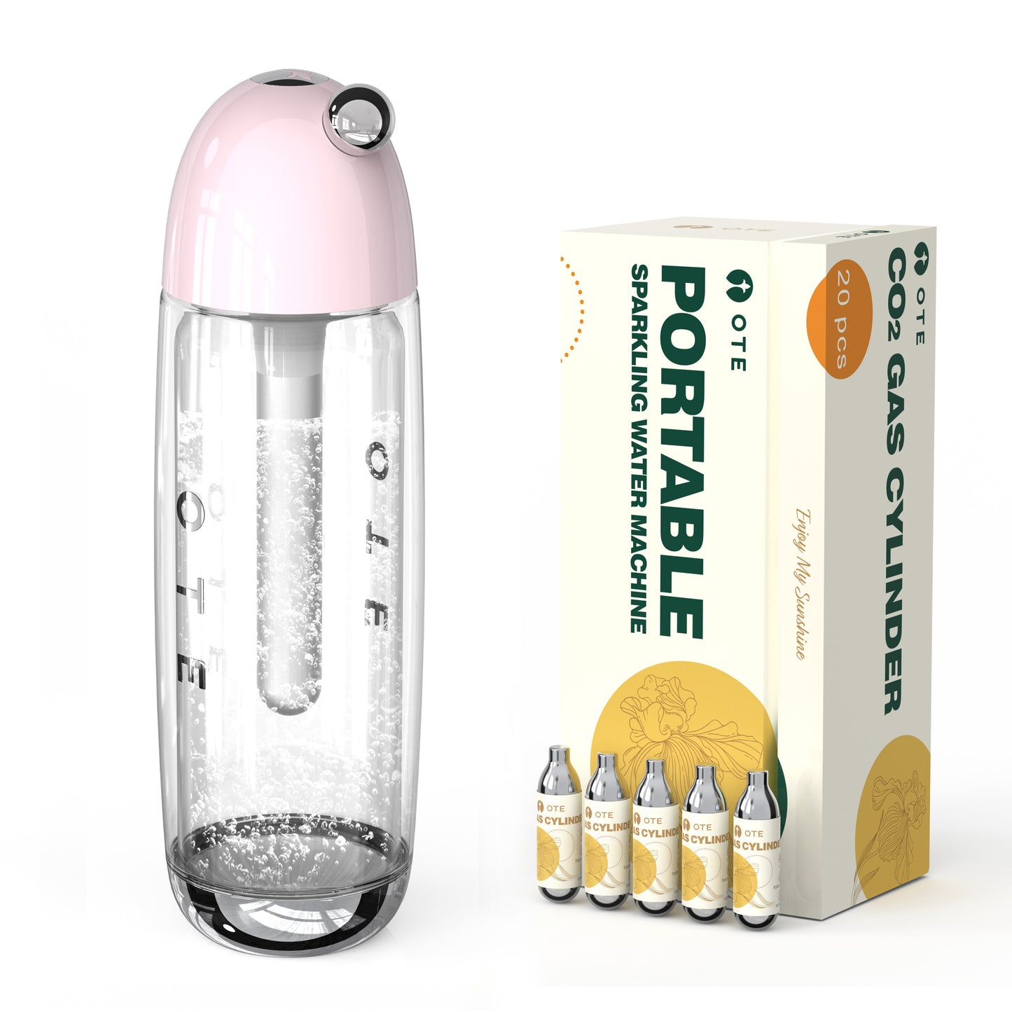 OTE 450ml Portable Sparkling Water Maker,Soda Maker Machine for Home, Carbonated Water Machine No Electricity, Double Layer PET Bottle, BPA Free (Include 20 PCS Gas Cylinder)
