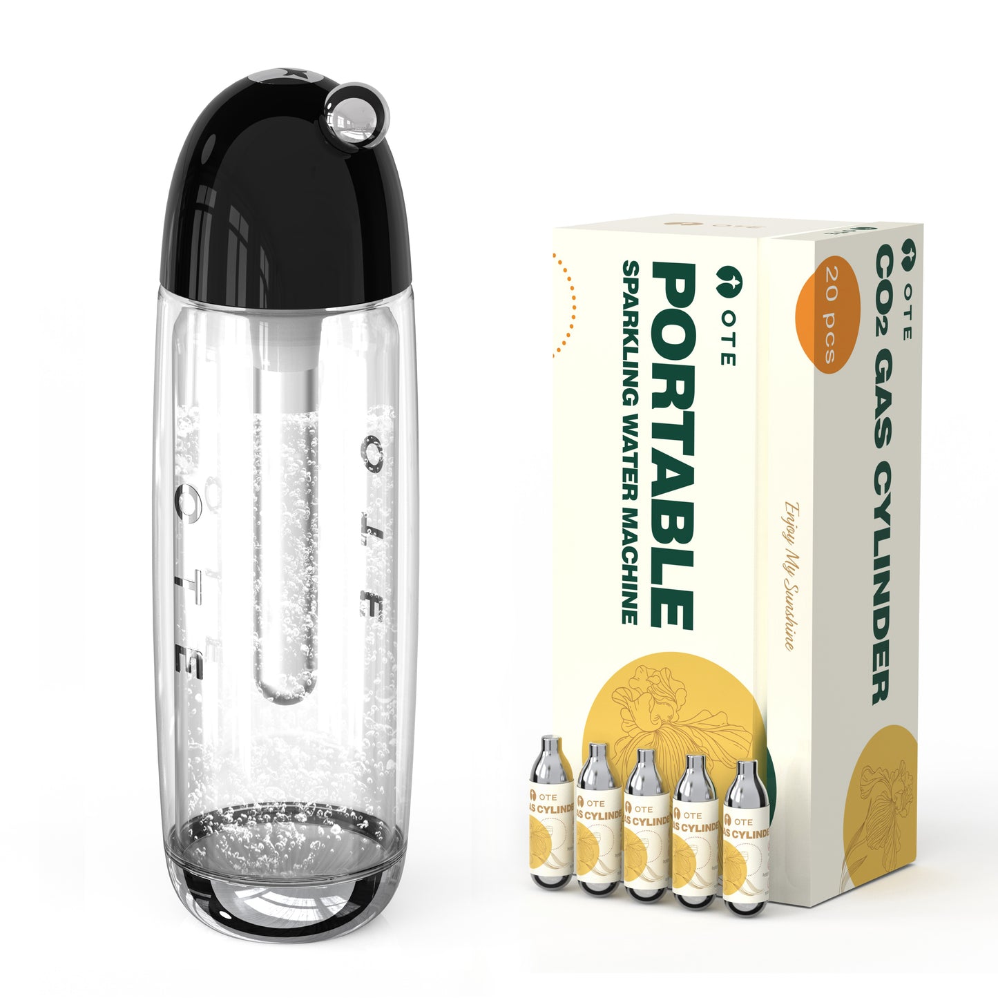 OTE 450ml Portable Sparkling Water Maker,Soda Maker Machine for Home, Carbonated Water Machine No Electricity, Double Layer PET Bottle, BPA Free (Include 20 PCS Gas Cylinder)
