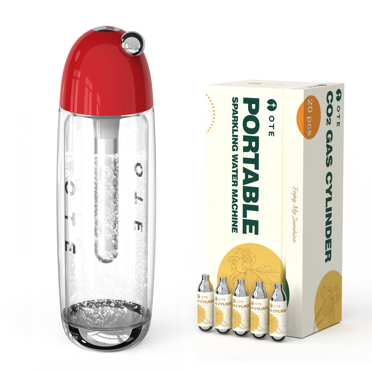 OTE 450ml Portable Sparkling Water Maker,Soda Maker Machine for Home, Carbonated Water Machine No Electricity, Double Layer PET Bottle, BPA Free (Include 20 PCS Gas Cylinder)