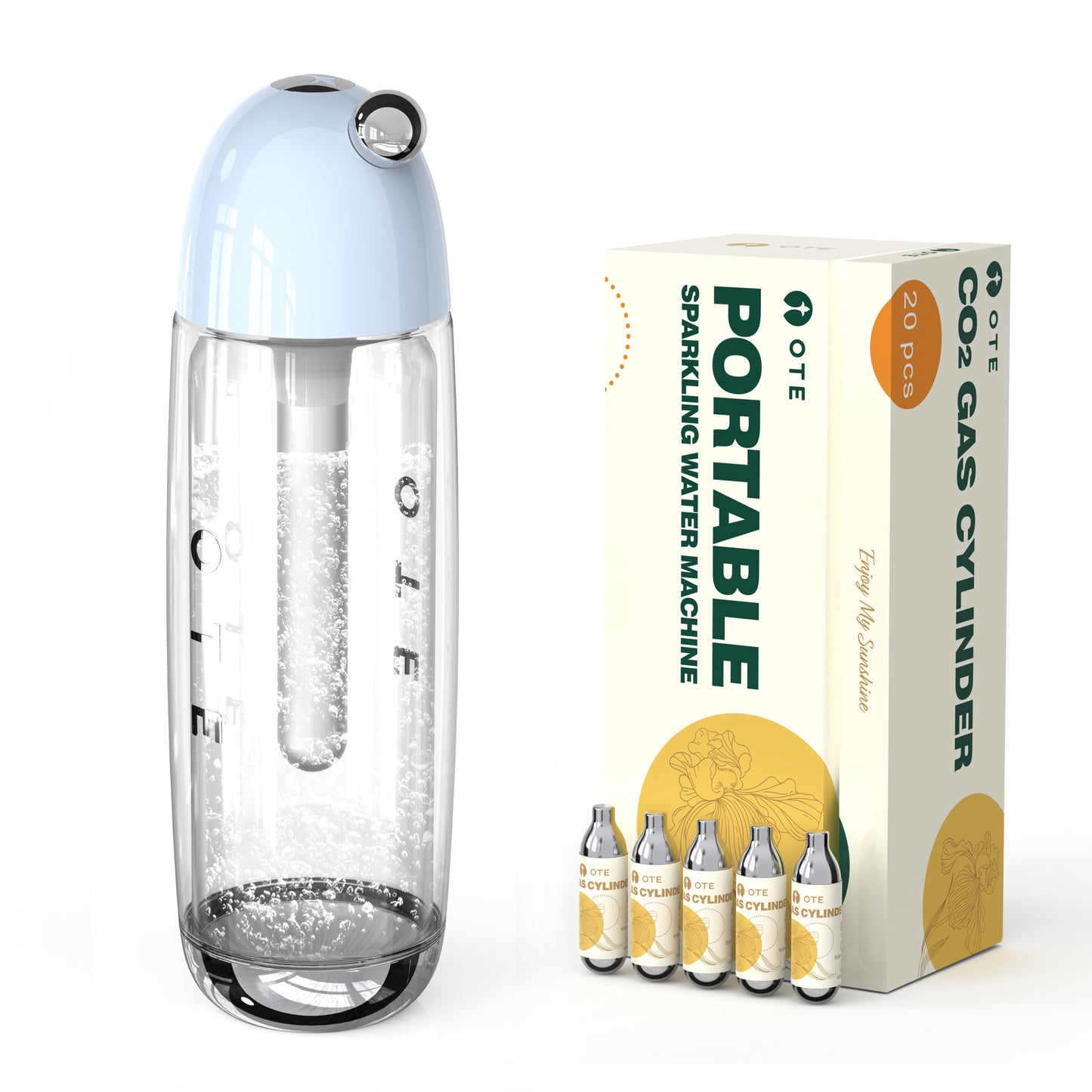 OTE 450ml Portable Sparkling Water Maker,Soda Maker Machine for Home, Carbonated Water Machine No Electricity, Double Layer PET Bottle, BPA Free (Include 20 PCS Gas Cylinder)