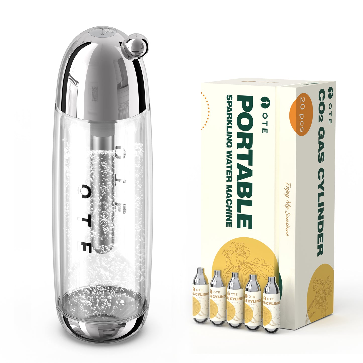 OTE 450ml Portable Sparkling Water Maker,Soda Maker Machine for Home, Carbonated Water Machine No Electricity, Double Layer PET Bottle, BPA Free (Include 20 PCS Gas Cylinder)