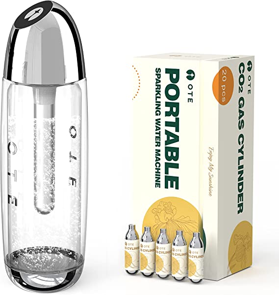 OTE 450ml Portable Sparkling Water Maker,Soda Maker Machine for Home, Carbonated Water Machine No Electricity, Double Layer PET Bottle, BPA Free (Include 20 PCS Gas Cylinder)
