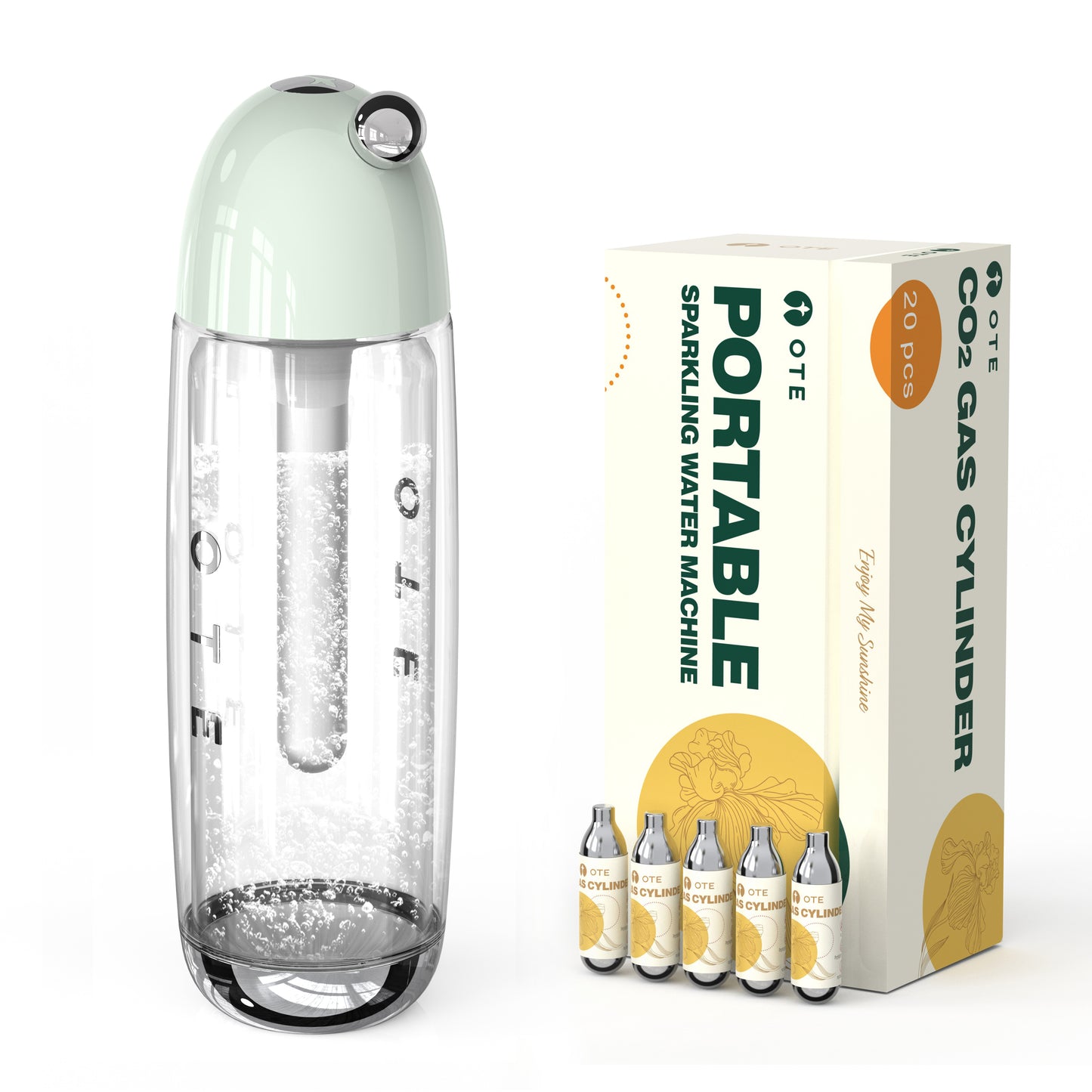 OTE 450ml Portable Sparkling Water Maker,Soda Maker Machine for Home, Carbonated Water Machine No Electricity, Double Layer PET Bottle, BPA Free (Include 20 PCS Gas Cylinder)