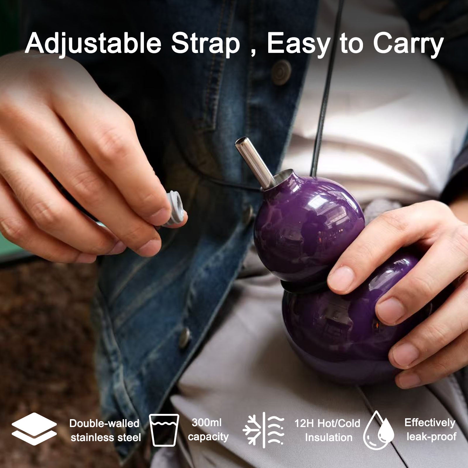 OTE  Stainless Steel Gourd Bottle, Metal Gourd Water Bottle with Shoulder Strap, Portable and Durable Gourd Sports Water Bottle for Gym, Travel and Daily Use, 10 oz